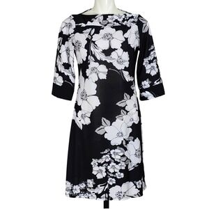 Beechers Brook Women's Black White Floral Print Boat Neck Dress Medium